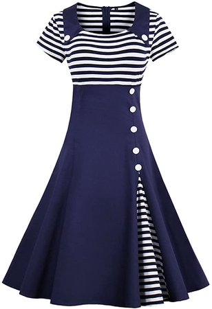 Wellwits Women's Vintage Pin Up A Line Stripes Sailor Dress Black 4XL at Amazon Women’s Clothing store