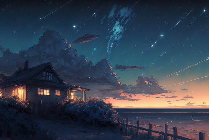 clouds, house, sky, night, sea, stars
