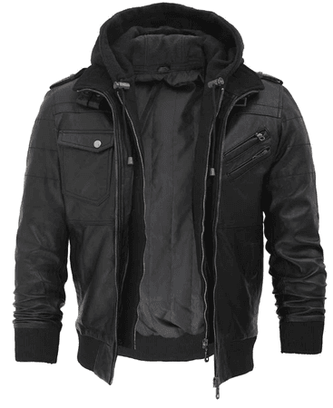 Men's Leather Bomber Jacket with Hood | Black Hooded Jacket - Hi5Jackets