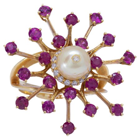 Ray of Rubies 18k Ring, Certified Natural Pearl Surrounded by Round Rubies For Sale at 1stDibs