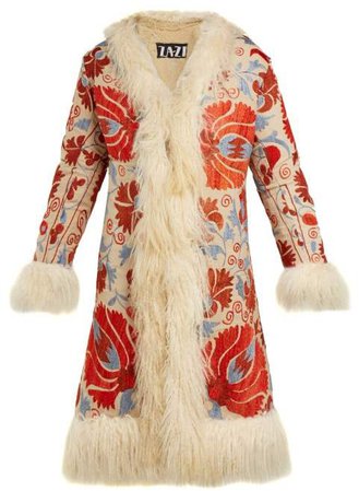Zazi Vintage - Suzani Embroidered Shearling Lined Coat - Womens - White Multi