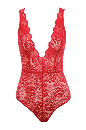 Clothing : Bodysuits : 'Valeri' Red Stretch Lace Plunge Bodysuit