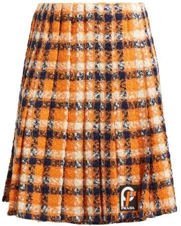 Tartan Tweed Midi Skirt - Womens - Orange Multi