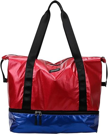 Amazon.com | fancyfree Double Layers Bag, Large Travel Tote Bag with Bottom Shoes Compartment, Ideal Gym Duffle Bag for Women and Men (Red-Blue) | Gym Totes