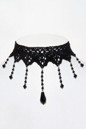 Lucretia Chains & Cross Black Lace Choker with Black Onyx Caboch - Gothic Jewellery