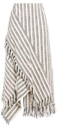 Asymmetric Fringe-trimmed Striped Cotton-blend Boucle Maxi Skirt
