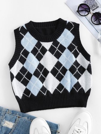[34% OFF] 2020 ZAFUL Argyle Rib Trim Crop Sweater Vest In BLACK | ZAFUL