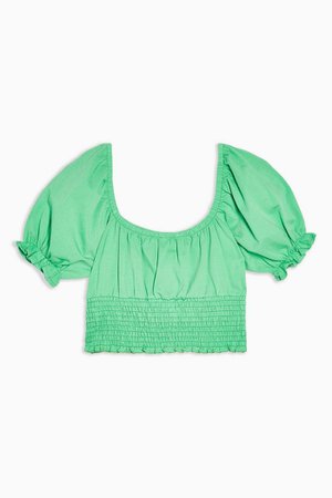 Green Shirred Waist Puff Top | Topshop