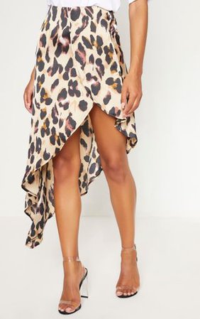 Leopard Print Satin Asymmetric Skirt | Skirts | PrettyLittleThing