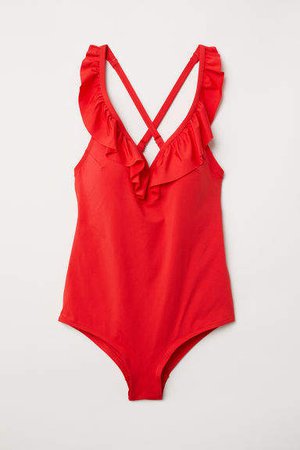 H&M+ Swimsuit with Flounce - Red