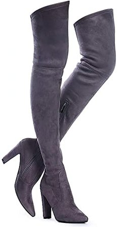 Shoe'N Tale Women Stretch Suede Chunky Heel Thigh High Over The Knee Boots(6.5, Grey) | Over-the-Knee
