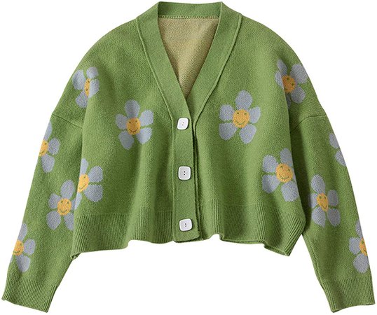Women Y2K Knitwear Sweet Floral Cardigans V Neck Long Sleeve Casual Sweater Open Front Button 90s Outerwear Coat (C2 Green-Flower Pattern, One Size) at Amazon Women’s Clothing store