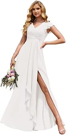 Amazon.com: SUOLUOS Women's Ruffle Sleeve Chiffon Bridesmaid Dresses Long with Slit V Neck Formal Evening Gowns : Clothing, Shoes & Jewelry