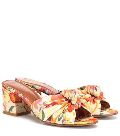 Printed satin and leather sandals
