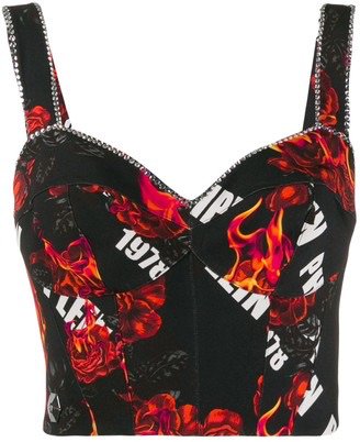 Philipp Plein Cropped Flaming Roses Print Top