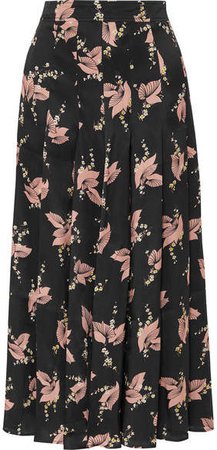 Pleated Floral-print Silk-satin Midi Skirt - Black