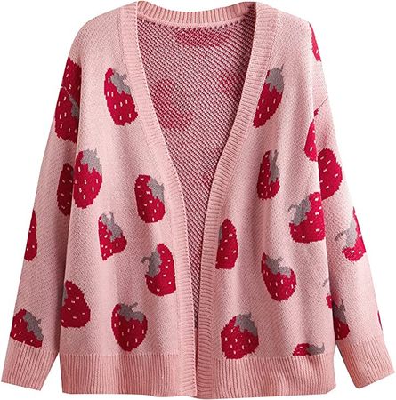 MakeMeChic Women's Plus Size Strawberry Print Long Sleeve Open Front Knit Cardigan Sweater at Amazon Women’s Clothing store