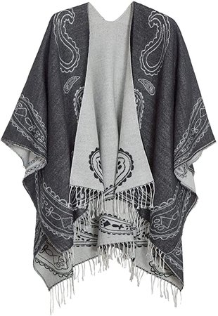Urban CoCo Women's Printed Tassel Open front Poncho Cape Cardigan Wrap Shawl (Series 12-black) at Amazon Women’s Clothing store