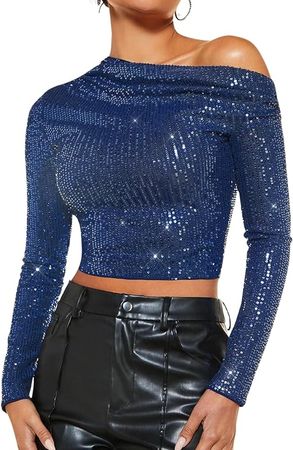 Naileksi Women One Shoulder Sequin Crop Top Sexy Long Sleeve Sparkle Blouse Top Slim Fit Glitter Cropped Shirt Clubwear at Amazon Women’s Clothing store