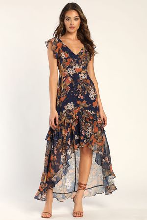 Navy Blue Floral Dress - High-Low Maxi Dress - Ruffled Dress - Lulus