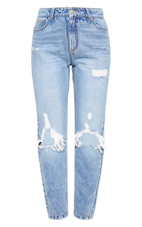 Mid Wash Distressed Knee Rip Straight Leg Jeans | PrettyLittleThing