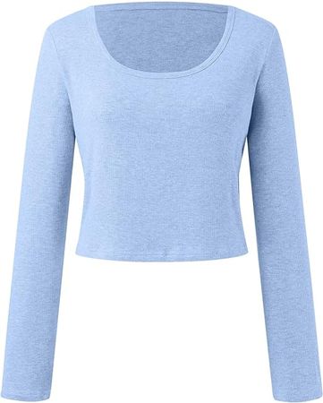 Long Sleeve Workout Tops for Women Ribbed Square Neck Crop Top Tunic Basic Fitted Tight Tee Y2k Stretchy Shirts at Amazon Women’s Clothing store