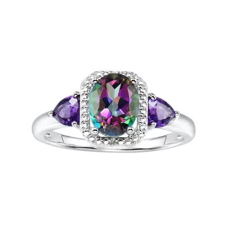 Sterling Silver Mystic Fire Topaz & Amethyst Accent Halo Ring