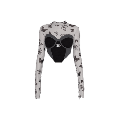 Devil Inspired | Black and Gray Butterfly Print Patch Design Long Sleeves Top (Dei5 sheer edit)