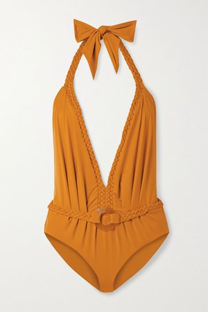 Saffron Romantic Sun braid-detailed halterneck swimsuit | Johanna Ortiz | NET-A-PORTER