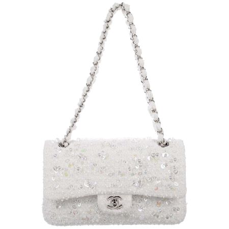 Chanel Small Snow White Tweed Bead Iridescent Silver Evening Shoulder Flap Bag at 1stDibs