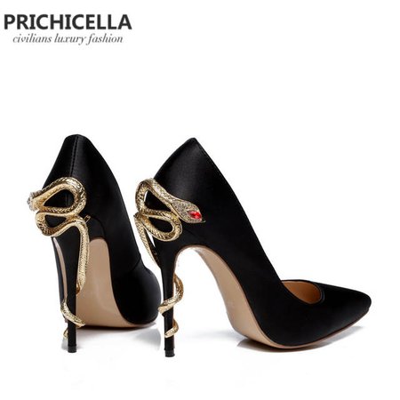 Online Shop PRICHICELLA Satin Gold mental snake heel dress shoe unique genuine leather pointed toe high heeled pumps | Aliexpress Mobile