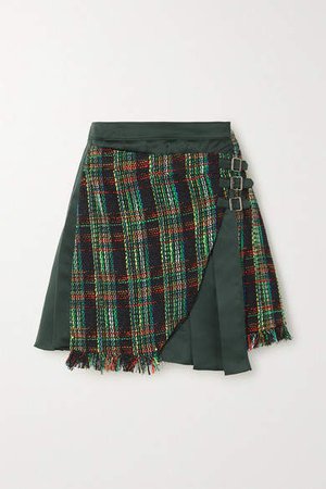 Andersson Bell - Ria Fringed Plaid Tweed And Pleated Satin Mini Skirt - Dark green