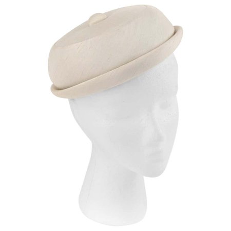 GIVENCHY,1950's Solid Cream Silk Duponi Pillbox Style Detailed Button Top Hat