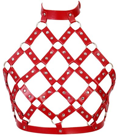 red leather high neck cage harness