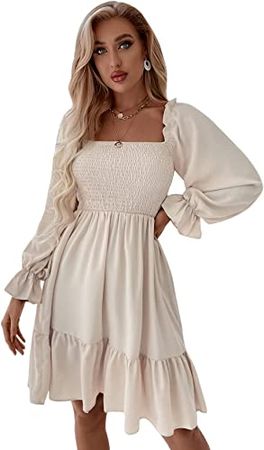 SheIn Women's Shirred Ruffle Long Sleeve Mini Dress Square Neck Flowy A Line Short Dresses at Amazon Women’s Clothing store