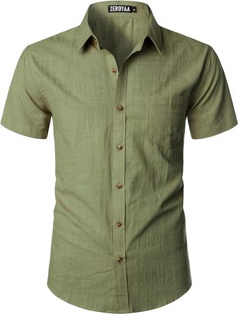 ZEROYAA Men's Fitted Cotton Linen Casual Short Sleeve Button Up Shirts Lightweight Beach Tops with Pocket ZLSC34-Avocado Green Medium at Amazon Men’s Clothing store