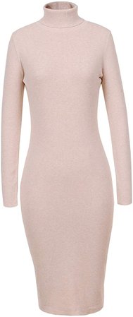 GLOSTORY Women Long Sleeve Ribbed Knitted Turtleneck Fall Winter Knee Length Bodycon Sweater Dress WMY-7628 (Beige, XS) at Amazon Women’s Clothing store