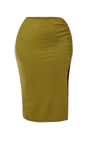 Plus Olive Ruched Front Side Split Midi Skirt | PrettyLittleThing USA