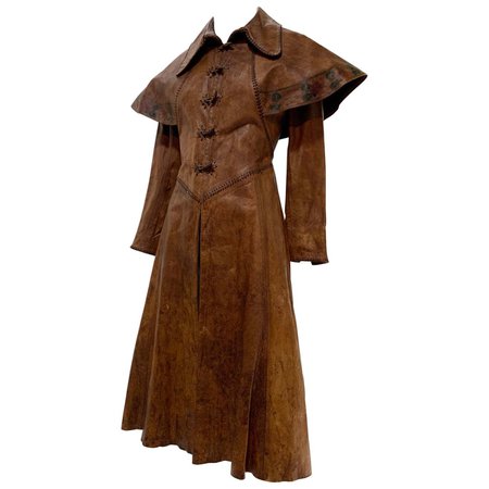 1970 Hand Made and Painted Distressed Leather Fairytale-Inspired Trench Coat For Sale at 1stDibs