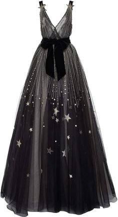Monique Lhuillier V-Neck Star Embellished Gown With Velvet Bow Belt