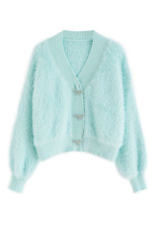 Bowknot Brooch Fuzzy Knit Cardigan in Mint - Retro, Indie and Unique Fashion