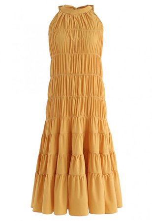 Bowknot Pleated Halter Dress in Mustard - NEW ARRIVALS - Retro, Indie and Unique Fashion