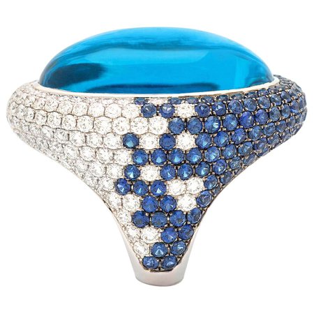 51.60 Carat Blue Topaze on Diamond and Sapphire Gold Ring For Sale at 1stDibs