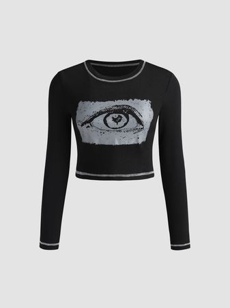 Graphic Stitch Long Sleeve Crop Top - Cider