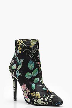 Eliza Floral Print Stretch Pointed Toe Sock Boots