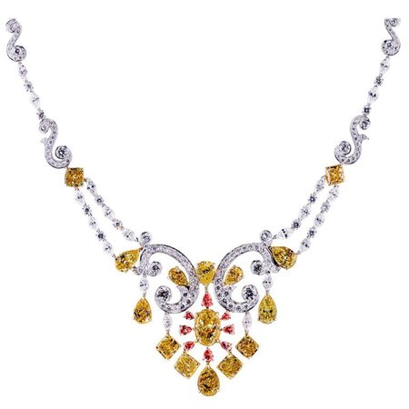 Fancy Intense Yellow, Pink and White Diamond Necklace For Sale at 1stdibs