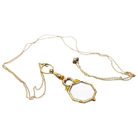 Unusual Antique Victorian 18 Karat Gold Enamel Magnifying Glass Pendant Necklace For Sale at 1stdibs