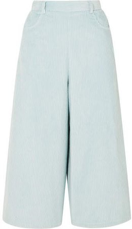 Cropped Cotton-blend Corduroy Wide-leg Pants - Sky blue