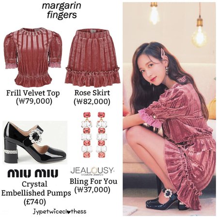 Twice's Fashion on Instagram: “MINA TWICELIGHTS PHOTOBOOK MARGARIN FINGERS- Frill Velvet Top (￦79,000) & Rose Skirt (￦82,000) MIU MIU- Crystal Embellished Pumps (£740)…”