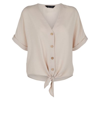 Stone Tie Front Button Up V Neck Shirt | New Look